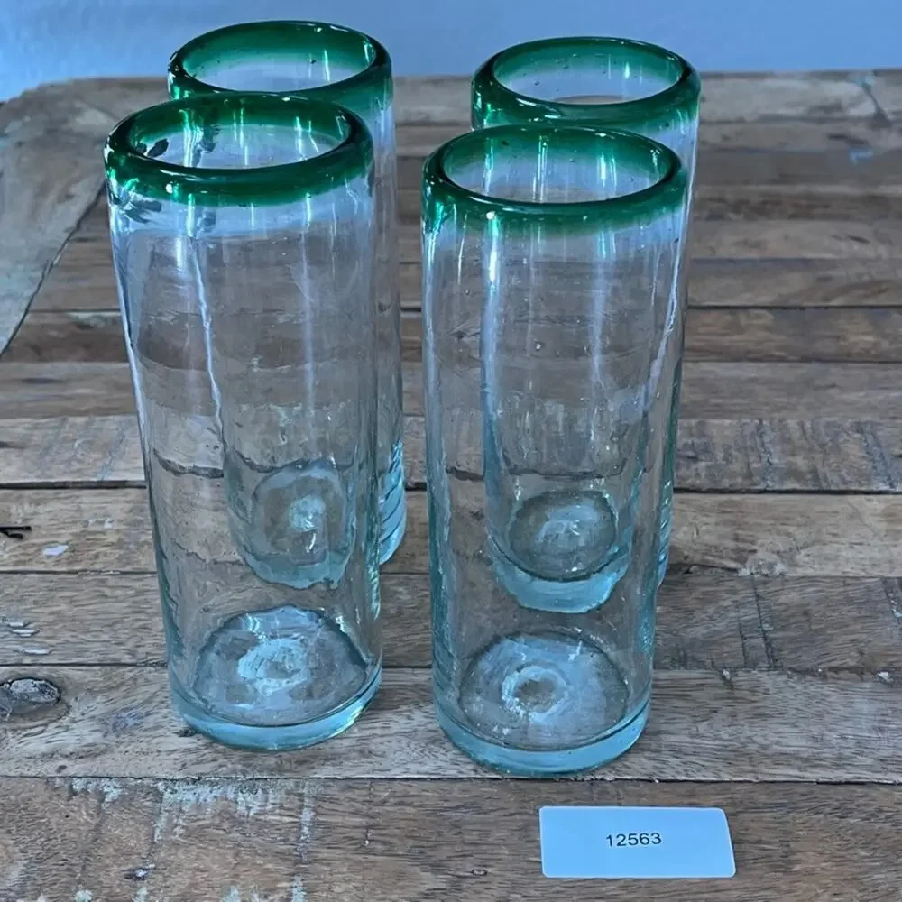 Hand Blown Mexican Green Rim Highball Glass Tumblers 7
